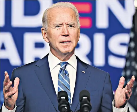  ??  ?? Joe Biden said in a televised address that ‘it’s clear that we’re winning enough states’ as vote-counting continued all day