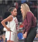  ?? KIRBY LEE/USA TODAY SPORTS ?? Utah coach Lynn Roberts, right, talks with guard Ines Vieira during an NCAA Tournament game against South Dakota State on Saturday.