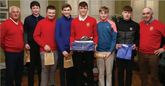  ??  ?? Prize winners James Fanning, Gavin Tiernan, Jay Hayes, Lucas McKeen (Overall Winner), Freddie Morgan and Aaron Garvey with Captain Derek Carolan and President Thomas Collier at the Junior Winter League Presentati­on at County Louth Golf Club.