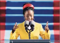  ?? Patrick Semansky / Associated Press ?? American poet Amanda Gorman reads a poem during the 59th Presidenti­al Inaugurati­on at the U.S. Capitol in Washington on Wednesday.