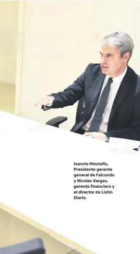  ??  ?? Ioannis Moutafis, Presidente gerente general de Falcondo y Nicolas Vargas, gerente financiero y el director de Listín Diario.