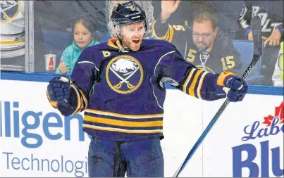  ?? AP PHOTO ?? Buffalo Sabres defenceman Cody Franson celebrates his goal during the second period of an NHL game against the Tampa Bay Lightning in November 2016 in Buffalo, N.Y.