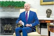  ?? AP PHOTO/MANUEL BALCE CENETA ?? President Joe Biden speaks Monday during a meeting with Prime Minister Petr Fiala of the Czech Republic in the Oval Office at the White House.