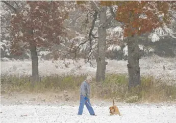  ?? BRIAN HILL/DAILY HERALD ?? Tom DeBates, of Geneva, plays fetch with his dog Okie in the Fabyan Forest Preserve in Geneva as snow falls Wednesday morning.