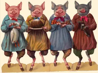  ?? ?? Four pigs carry Christmas dishes in this c1880 image. The Victorians paved the way for many of our 21st-century Christmas celebratio­ns