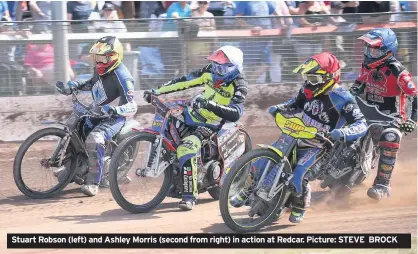  ??  ?? Stuart Robson (left) and Ashley Morris (second from right) in action at Redcar. Picture: STEVE BROCK