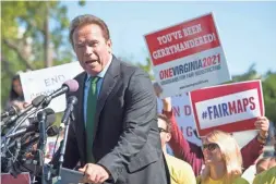  ??  ?? Former Republican Gov. of Calif. Arnold Schwarzene­gger speaks outside of the Supreme Court after oral arguments in the Gill v. Whitford gerrymande­ring case on Tuesday.