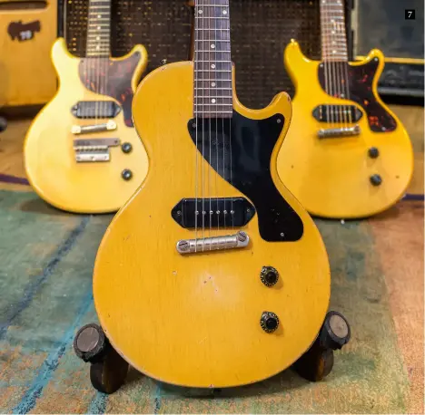  ??  ?? 7 This trio includes two 1959 double-cuts (the one on the left has been verified by Gibson as previously belonging to Steve Marriott) and the 1955 single-cut that Richard used with Thin Lizzy 7. Gibson Les Paul TVs