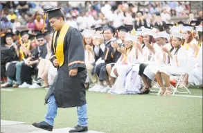  ?? Michael Cummo / Hearst Connecticu­t Media ?? Erwin Hernandez walks to receive his diploma during the Stamford High School class of 2018 commenceme­nt ceremony in Stamford High School’s Boyle Stadium on Friday.