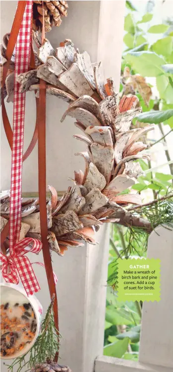  ??  ?? GATHER
Make a wreath of birch bark and pine cones. Add a cup of suet for birds.