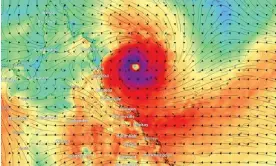  ?? Photograph: weatherzon­e.com.au ?? Queensland forecast map showing Tropical Cyclone Jasper. The storm is predicted to cross the Qld coast near Port Douglas, north of Cairns, on Wednesday, with warnings of heavy rain, strong winds and possible flooding.