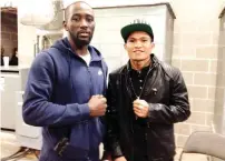  ??  ?? IBF champion Jerwin Ancajas, right, poses with fellow world champion Terence Crawford Sunday before Ancajas’ successful defense of his crown against Mexican challenger Israel Gonzalez in Corpus Christi, Texas.