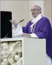  ?? ANTONIO CALANNI — THE ASSOCIATED PRESS ?? Pope Francis delivers his message during an open-air Mass in Carpi, northern Italy, for a one-day pastoral visit to Carpi and Mirandola, Sunday.