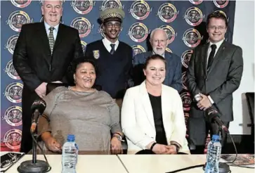  ?? SYDNEY SESHIBEDI /GALLO IMAGES ?? Stadium Management SA chief Bertie Grobbelaar, Ronnie Schloss of the PSL, Carling’s Arne Rust, Brenda Tshabalala of Top6 Taxis and Gautrain’s Sandy Roth were among guest speakers at the press conference to update the nation about Saturday’s event at FNB Stadium.