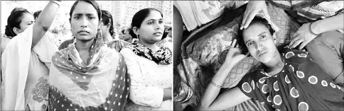  ??  ?? (Left) Haseena Bibi stands in front of a crowd of shouting maids opposite the Mahagun Moderne residentia­l complex in New Delhi. • (Right) Johra Bibi lies on a cot outside her home in a slum near the Mahagun Moderne complex in New Delhi. She says she...