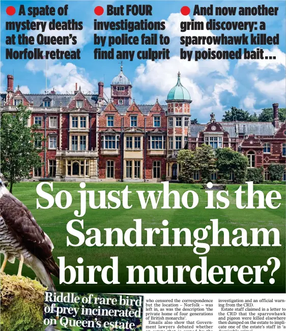  ??  ?? PROTECTED: A sparrowhaw­k. Right: Our report after death of a rare goshawk. Top: Sandringha­m House