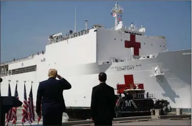  ?? (AP/Patrick Semansky) ?? President Donald Trump, with Defense Secretary Mark Esper, salutes as the Navy hospital ship USNS Comfort pulls away from the pier Saturday at Naval Station Norfolk in Virginia. The ship is sailing to New York to assist hospitals responding to the coronaviru­s outbreak.