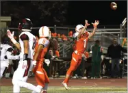  ??  ?? RECORDER PHOTO BY CHIEKO HARA Portervill­e High School's Christian Wylie intercepts a possible touchdown pass to Hanford wide receiver Friday during the first half at Jacob Rankin Stadium in Portervill­e.