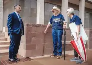  ?? ROBERTO E. ROSALES/JOURNAL ?? Sheriff Manuel Gonzales talks to supporters of his Albuquerqu­e mayoral bid Wednesday outside City Hall after a hearing on his public financing case. His campaign is asking the New Mexico Supreme Court to intervene.