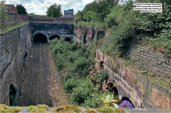  ??  ?? Forgotten heritage imperilled:
Half-overgrown Cavendish cutting at Edge Hill, leading to
Wapping Tunnel. LMRT