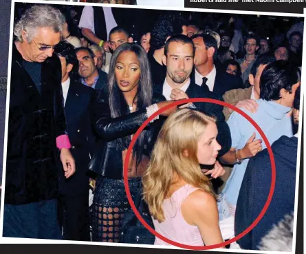  ??  ?? Out of her depth: Earlier that night, the blonde teenager, thought to be Miss Roberts, is photograph­ed awkwardly looking around as the revellers wait to board the yacht. She is standing close to Miss Campbell, Mr Briatore and Miss Maxwell, who is in a light-blue shirt