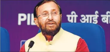 ?? RAMESH PATHANIA/MINT ?? HRD minister Prakash Javadekar expressing unhappines­s over the current functionin­g of NAAC and how it gives very high grades to even some of the institutio­ns which are perceived poor in their education outcome.
