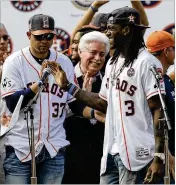  ?? GETTY IMAGES ?? Ex-Astros outfielder Cameron Maybin (3) is introduced during the team’s victory parade. Houston defeated the Dodgers in the 2017 World Series.