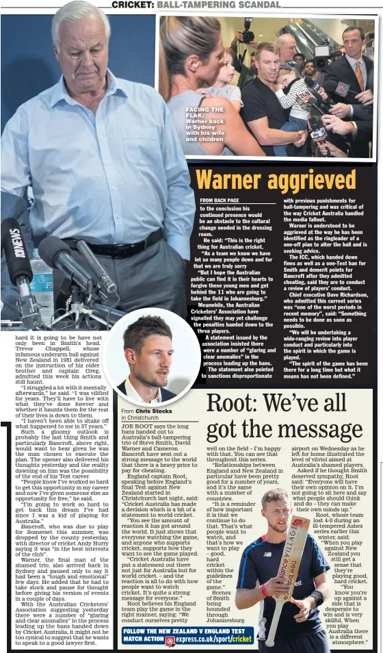  ??  ?? FACING THE FLAK: Warner back in Sydney with his wife and children JONES: Big shock