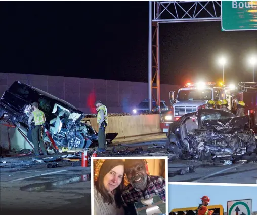  ?? PHOTOS D’ARCHIVES ET PIERRE-PAUL POULIN ?? Lors de la funeste collision survenue en avril dernier sur l’autoroute 30, Carole Downer (à gauche en mortaise) était passagère dans le véhicule de gauche. Dans l’autre mortaise, on voit un travailleu­r qui a modifié la signalisat­ion quelques jours...