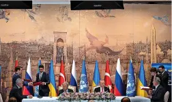  ?? ?? Turkish President Recep Tayyip Erdogan and UN Secretary General Antonio Guterres lead a signing ceremony at Dolmabahce Palace in Istanbul, Turkey, yesterday