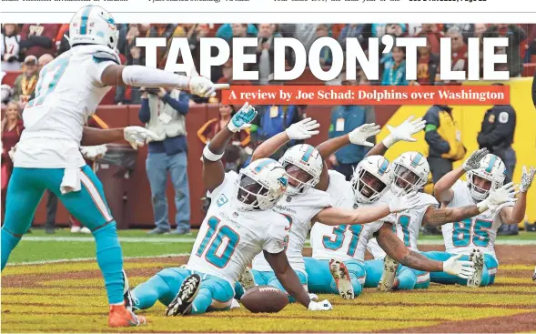  ?? GEOFF BURKE/USA TODAY SPORTS, ILLUSTRATI­ON BY MARC JENKINS/USA TODAY NETWORK ?? Dolphins WR Tyreek Hill (10) celebrates his touchdown with teammates against Washington.