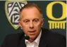  ?? Associated Press ?? Oregon athletic director Rob Mullens talks to the media Nov. 29, 2016, in Eugene, Ore., after the firing of NCAA college football head coach Mark Helfrich. Mullens will become the new chairman of the College Football Playoff selection committee...