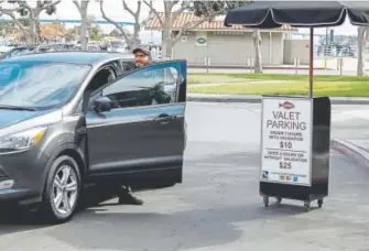  ?? Eduardo Contreras, The San Diego Union-tribune ?? Valet Octavio Perez brings a car around for a customer at The Fish Market in downtown San Diego. The popularity of Uber, Lyft and other ride-sharing services has caused business at restaurant valet stands to drop 25 percent.