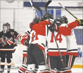  ?? Pete Paguaga / Hearst Connecticu­t Media ?? Branford celebrates Jack Manware’s first period goal in the SCC/SWC Divison III championsh­ip game at Bennett Rink on Saturday.