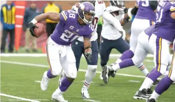  ?? AP ?? Adrian Peterson is 1,053 yards behind Lions great Barry Sanders for fourth on the NFL career rushing list.