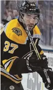  ?? STAFF PHOTO BY MATT STONE ?? FORWARD THINKING: Patrice Bergeron has been happy with the Bruins’ performanc­e this season.