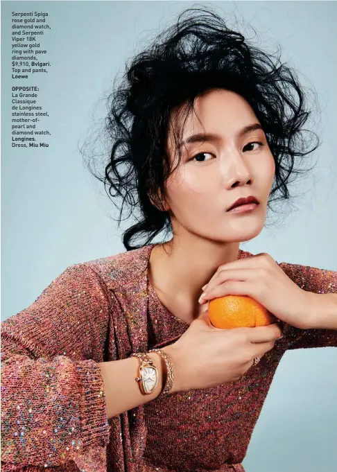  ??  ?? Serpenti Spiga rose gold and diamond watch, and Serpenti Viper 18K yellow gold ring with pave diamonds, $9,910, Bvlgari. Top and pants, Loewe
OPPOSITE:
La Grande Classique de Longines stainless steel, mother-ofpearl and diamond watch, Longines. Dress, Miu Miu