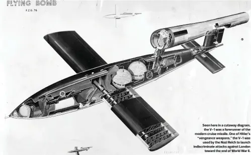  ??  ?? Seen here in a cutaway diagram, the V-1 was a forerunner of the modern cruise missile. One of Hitler’s “vengeance weapons,” the V-1 was used by the Nazi Reich to launch indiscrimi­nate attacks against London toward the end of World War II.