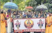  ??  ?? Members of Ayyappa Dharma Samrakshan­a Samithi during a protest against the Supreme Court verdict on the entry of women into the Sabarimala temple in New Delhi on Sunday. AMAL KS/HT PHOTO