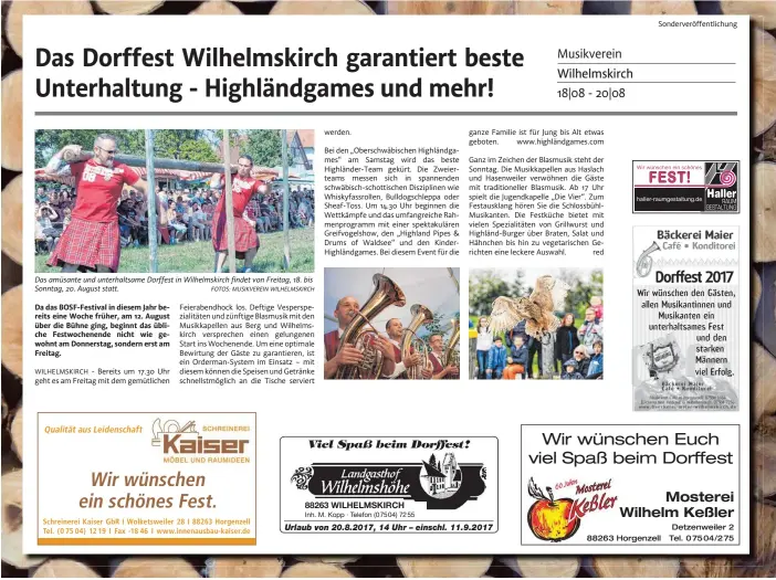  ?? FOTOS: MUSIKVEREI­N WILHELMSKI­RCH ?? Das amüsante und unterhalts­ame Dorffest in Wilhelmski­rch findet von Freitag, 18. bis Sonntag, 20. August statt.