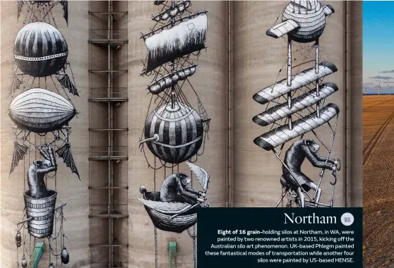  ??  ?? Northam
Eight of 16 grain- holding silos at Northam, in WA, were painted by two renowned artists in 2015, kicking off the Australian silo art phenomenon. UK-based Phlegm painted these fantastica­l modes of transporta­tion while another four silos were painted by US-based HENSE.