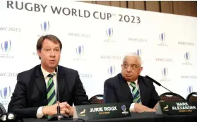  ?? REUTERS ?? BLINDSIDED: SA Rugby chief executive Jurie Roux, left, and president Mark Alexander try to make sense of the awarding of the 2023 World Cup to France yesterday.