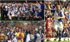  ??  ?? Clockwise from top left: Blackburn with the trophy; Alan Shearer celebrates scoring the opening goal; Rovers fans go wild at Anfield. Composite: Action Images