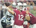  ?? ROB SCHUMACHER/THE REPUBLIC ?? Cardinals quarterbac­k Colt McCoy throws a pass against the Panthers Nov. 14 at State Farm Stadium.