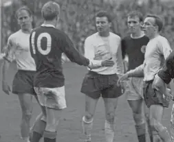  ??  ?? Nobby Stiles (far right) and Denis Law at Wembley in 1965
