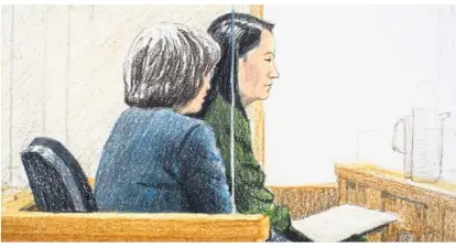  ?? – AP ?? Uncertain future: In this courtroom sketch, Meng sits beside a translator during a bail hearing in Vancouver. She faces extraditio­n to the US on charges of trying to evade US sanctions on Iran.