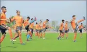  ?? AIFF ?? Indian Arrows players train ahead of the tie vs Aizawl FC.