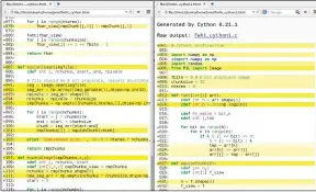  ??  ?? Using the -a option generates HTML files which show you the clean, white C-like code and the dirty, yellow Python code.