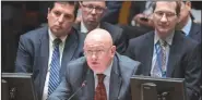  ?? AP/MARY ALTAFFER ?? Russian Ambassador to the United Nations Vassily Nebenzia speaks Thursday during a Security Council meeting on the situation in Syria at United Nations headquarte­rs.