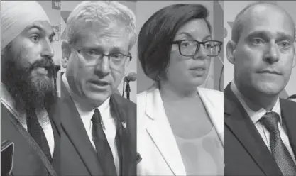  ?? THE CANADIAN PRESS ?? Federal NDP leadership candidates Jagmeet Singh, left to right, Charlie Angus, Niki Ashton and Guy Caron are seen in this four composite image made from video as they speak to the media following a debate in Montreal.